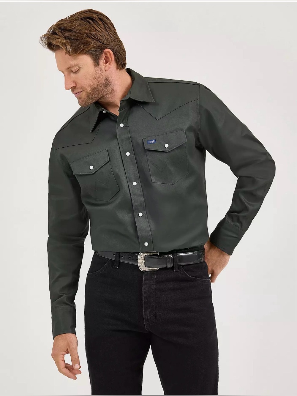 Wrangler Cowboy Cut Dark Green Long-Sleeve Western Men’s Button-Down Shirt | M